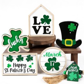 DIYDEC 6Pcs St.Patrick's Day Table Decoration Luck Shamrocks Wooden Signs Irish Decor Rustic St. Patrick Tiered Tray Decor Happy St.Patrick's Day Centerpiece Sign for Home Table Shelf Party Decor