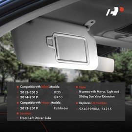 A-Premium Driver Left Side Sun Visor Compatible with Infiniti JX35, QX60 & Nissan Pathfinder, 2013-2019 - with Vanity Light, with Vanity Mirror, with sliding sun visor extension, Gray Color