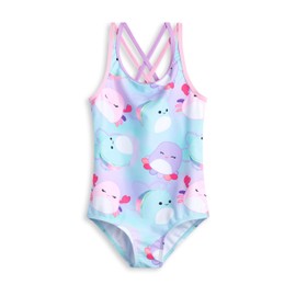 Squishmallows Multicoloured Pastel 1 Piece Swimming Costume | Girls Character All Over Print Swimwear | Sleeveless Scoop Neck Beachwear | Criss-Cross Straps Aquatic Fun Apparel - 7-8 Years