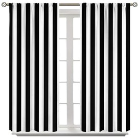 Stripe Curtains for Kitchen Decor, Vertical Black and White Stripe Full Pattern Print Window Treatments, Rod Pocket Thermal Insulation Drapes for Bedroom Living Room, 42" W X 45" L