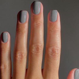 KQueenest Dark Gray Press On Nails Short Square - Acrylic Press On Nails With Glue, Sheer Stone Grey Short Fake Nails Press ons, Glossy Opaque, Reusable Soft Gel Glue on Nails for Women Gift, 24 Pcs