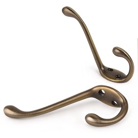 HASWARE 6 PCS Double Prong Robe Hook, Dual Coat Hooks with 12 Pieces Screws Antique Wall Mounted Hooks Robe Vintage Hooks Hangers Large Heavy Duty for Hat Clothes Hanger Towel Keys (Antique Brass)