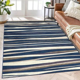 GlowSol Large Area Rug 8x10 Modern Abstract Living Room Rug Non-Shedding Soft Rug Farmhouse Indoor Carpet for Living Room Bedroom, Navy/Beige