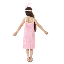 Rabtero Kids Roaring the 20s Fancy Dress Costume, Girls' Flapper Dress with Pearl Necklace and Feather Headband, Gangster Flapper Dress for Girls, Pink, 2X-Large 12-14