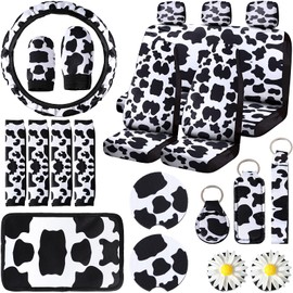 Frienda 22 Pcs Cow Print Car Accessories Set Cow Car Seat Cover Steering Wheel Cover Headrest Seat Belt Cover Console Armrest Pad Cup Mat Handbrake Gear Cover Keyring Vent Clips for Women Men(Black)