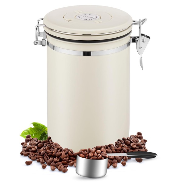 BEZORR Airtight Stainless Steel Coffee Canister 1800 ml with CO2 Outlet Valve, Engraved Date Display and Measuring Spoon for Tea Nuts Cocoa Stay Longer and Fresh (Beige)