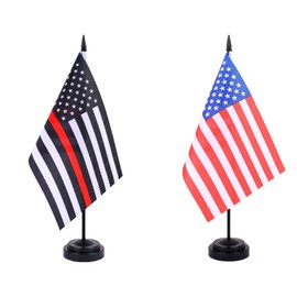 JBSJBS USA Thin Red Line Desk Flag 12" Solid Pole Deluxe Set US Firefighter Flags Banner Mini Small Military Office Table Flags with Black Stand Base Desktop Decorations(2Pack)