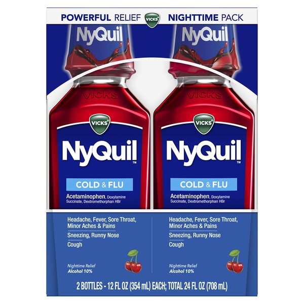 Vicks NyQuil, Nighttime Relief of Cough, Cold & Flu Relief, Sore Throat, Fever, & Congestion Relief, Cherry Flavor, Twin Pack, 12 FL OZ