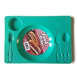Multipack - Set of 2 Children's Compartment Food Trays with Flatware - Red/Teal