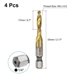 sourcing map 4pcs Combination Drill and Tap Bits Metric M5 x 0.8 Thread 1/4" Hex Shank Titanium Coated Threading Screw Taps 4341 High Speed Steel Machine Drilling Tapping Tool Kit