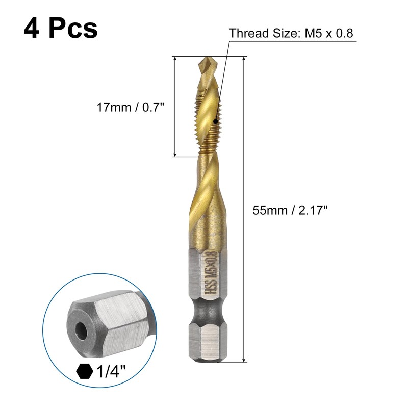 sourcing map 4pcs Combination Drill and Tap Bits Metric M5
