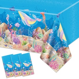 BKAILZYX 3 PCS Under The Sea Party Tablecloth Ocean Sea Birthday Decorations Table Cover Underwater World Plastic Rectangle Party Tablecloth for Ocean Animal Baby Shower Party Supplies, 54 x 108 Inch