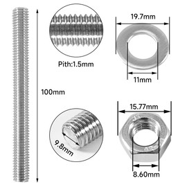 Pack of 4 M10 x 100 mm Threaded Rod, Stainless Steel, Fully Threaded Rod M10 with 8 Washers and Hex Nut, Threaded Rod for Making Engineering Furniture