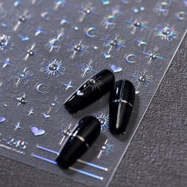 5D Embossed Star Nail Stickers Laser Sun Moon Heart Nail Art Stickers Silver Star Nail Decals Self-Adhesive Rhinestone Stickers Shiny Nail Supplies for Women Girls DIY Manicure