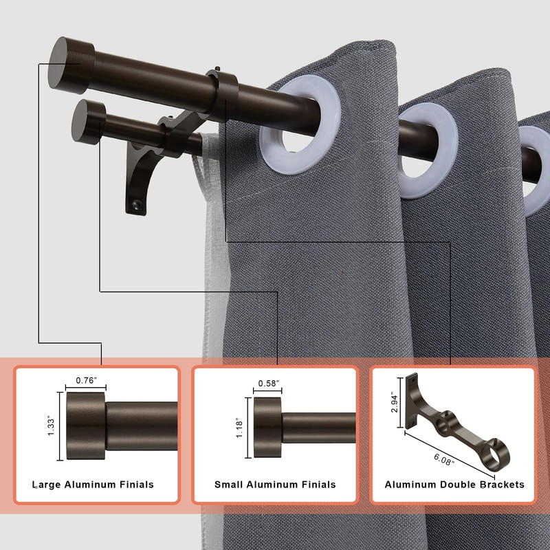Lwiiom Double Curtain Rods with Aluminum End Cap and Full