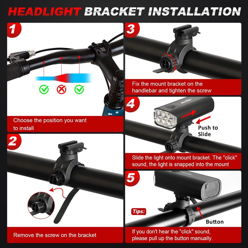 Ascher Bike Front Light Mount Bracket, Handlebar Light Holder Mount