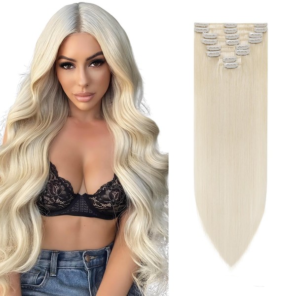 Clip in Hair Extensions Real Human Hair Platinum Blonde Hair