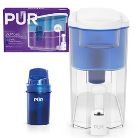 PUR PUR 30-Cup Water Filter Dispenser with 1 Genuine PUR Filter, Large 30-Cup Capacity, 2-in-1 Powerful, Faster Filtration, Lasts 2 Months or 40 Gallons, Dishwasher Safe, White/Blue (DS1800Z)