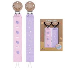 TYRY.HU Pacifier Clip for Baby Girls,Webbing Pacifier Holder,Neutral Binky Clips, Embroidery Ribbon Pacifier Leash Universally Fits All Pacifiers Styles, Baby Birthday Gift, 2 Pack(Pink, Purple)