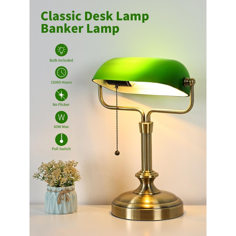 LOFOB Traditional Banker's Desk Lamp with Glass Shade,Pull Chain Switch,
