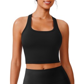 PINSPARK Women's Sports Bra without Underwire Racerback Push Up Sports Bustier with Removable Padded Breathable Jogging Yoga Fitness Bra Seamless Crop Tank Tops, black