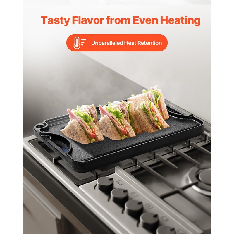 VEVOR Reversible Grill/Griddle, 14x8.5 inch Pre-Seasoned Cast Iron Griddle, Portable