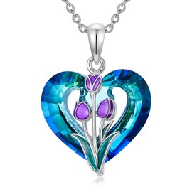 WINNICACA Purple Tulip Necklace 925 Sterling Silver Tulips Flower Pendant Necklaces Blue Crystal Jewelry Gifts for Women Her Wife Anniversary Birthday Gift