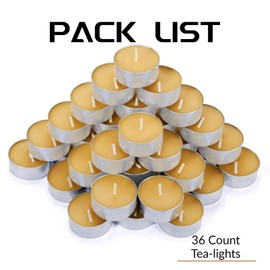 Natural Beeswax Tea Candles in Metal Aluminum Cup - Organic Mini Beeswax Candle Natural Scent Smokeless 4-5 Hours Long Burning - Yellow, Pack of 36