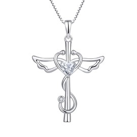 STARCHENIE Stethoscope Cross Pendant Necklace 925 Sterling Silver Angel Wings Heart Nurse Jewelry for Women April White
