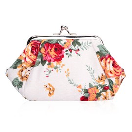 Oyachic Floral Coin Bag Kiss Lock Coin Purse Women's Retro Bag Purse Women Wallet Clip Closure, White, coin purses