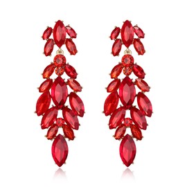 BriLove Bridal Wedding Earrings for Brides Bridesmaid, Rhinestone Crystal Leaf Marquise Cluster Dangle Drop Earring for Women Pageant Party Prom Ruby Color Gold-Tone