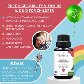 Kids Vitamins A, C & D for Children & Baby | Bones, Vision & Heart | Sugar Free Liposomal Liquid Multivitamin Supplement | 2 Month Supply | 30ml Bottle with Spoon. Vegetarian & UK Made
