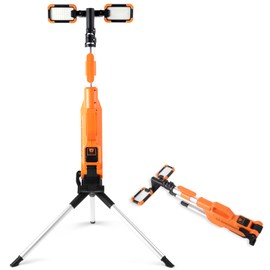 8000 Lumen Rechargeable LED Work Light with Stand, Portable Cordless Work Light with 2 Powerful Adjustable LED Lamps, Waterproof Tripod Worklights for Outdoor Indoor Job Site Workshop Garage(Orange)