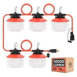 Omlite 50FT Construction String Lights：75W 10500LM Linkable Super Bright LED String Work Lights for Construction Sites Temporary Work Jobsite IP65 Waterproof 18AWG Wire Work Light with Cage