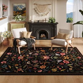 Vowkten Vintage Medallion Floral Area Rugs 8x10 Clearance, Machine Washable Non-Slip, Low Pile Soft Large Carpet for Living Room, Bedroom, Dining Room, Farmhouse, Kids Playroom, Office | Black