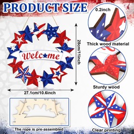 Wooden 4th of July Decoration Door Wreath for Front Door Sign Star Wall Signs, Independence Day Patriotic Day Wreath Welcome Memorial Day Hanging for Home Wall Decor Party Outdoor Indoor