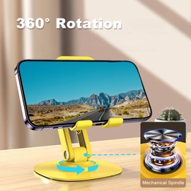 JYWYBF Cell Phone Stand for Desk，360° Rotating Cell Phone Holder with Metal Base, Adjustable Phone Stand for Office, Travel, Thick Phone Cases (Yellow)