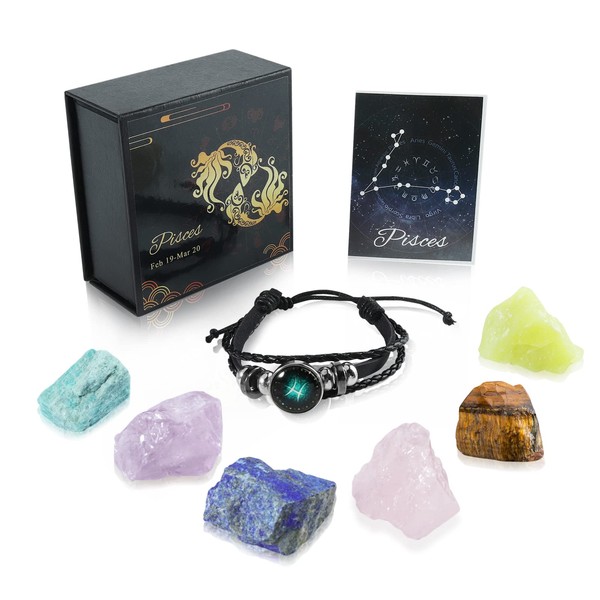Nicetage Pisces Healing Crystals Gift Ideas 12 Zodiac Signs Natural Healing Crystals with Horoscope Box Set, 6 Crystal Stones, 1 Zodiac Bracelet and Info Guide Pisces Gifts for Women