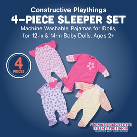 Constructive Playthings 4-Piece Sleeper Set for 12 Inch to 14 Inch Baby Dolls, Machine Washable Pajamas for Dolls, Baby Doll Accessories, Ages 2+