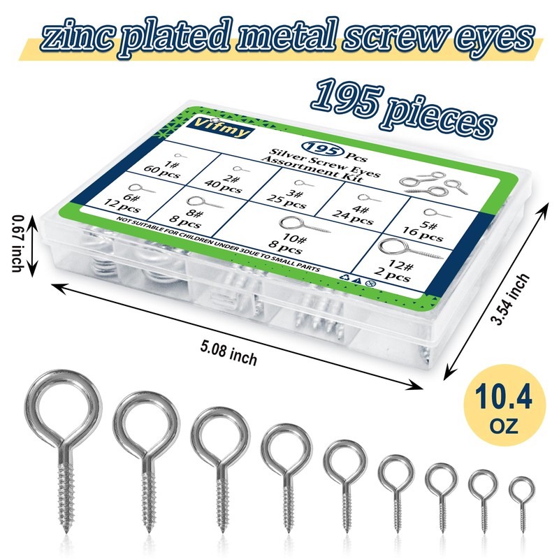 Vifmy Screw Eyes Assortment Kit(195Pcs),0.75" 0.78" 0.90" 1" 1.1" 1.18"
