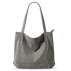 Vegena Corduroy Bag Handbag Women's Large Shoulder Bag Tote Bag Shopper Bag Women's Shoulder Bag Fabric Bag School Bag for School Work Shopping, gray