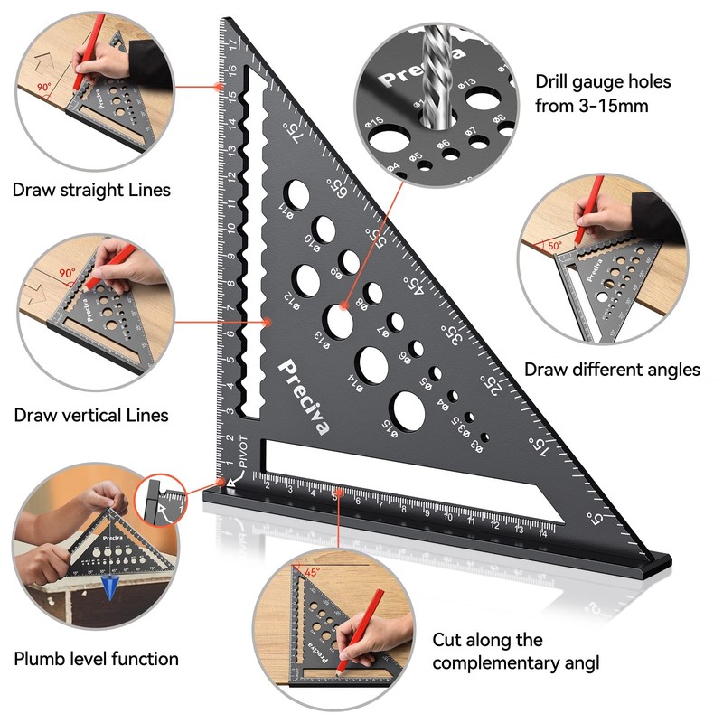 Woodworking Set Square Tool, Preciva 7inch Metric Triangle Ruler 12inch