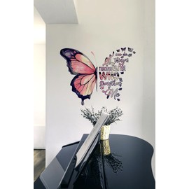 Pink Butterfly Bible Verse Prayer Wall Decal Sticker, I Can Do All Things Through Inspirational Christian Religious Scripture Quotes Vinyl DIY Remove Wallpaper Mural for Living Room Home Office