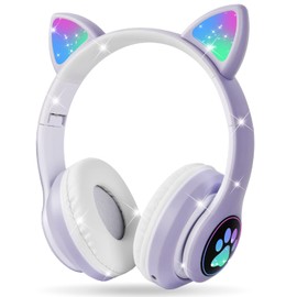 AXFEE Kopfhörer Kinder, Kinderkopfhörer Bluetooth, Mädchen Katzenohr Kopfhörer Over-Ear mit LED-licht Faltbare Stereo Kopfhörer Kabellose, Kopfhörer Kinder mit Mikrofon,Micro SD/TF für Handy/Tablet/PC