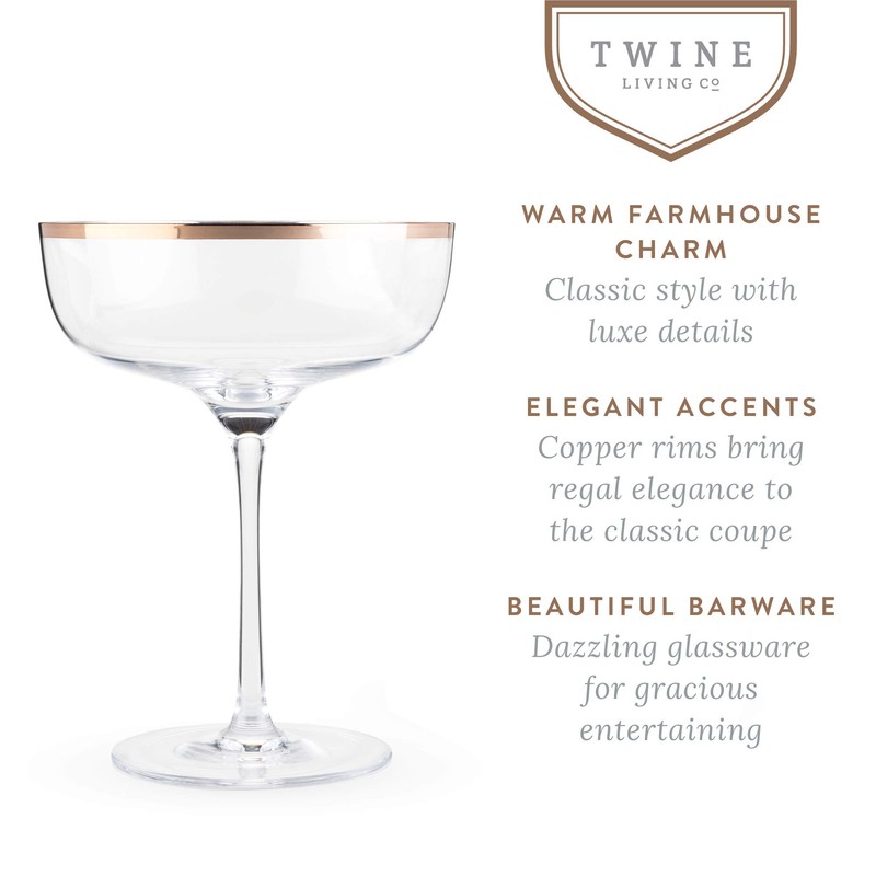 Twine Copper Rim Crystal Coupe Glasses, Electroplated Copper Rim -