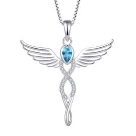 FJ Angel Wing Pendant Necklace 925 Sterling Silver Guardian Angel Necklace Infinity Aquamarine March Birthstone Necklace Jewellery Gifts for Women Girls