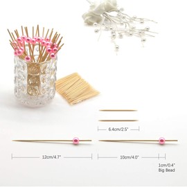 Minisland Pink Pearl Cocktail Picks, 4.7 Inch Long Bamboo Fancy Toothpicks for Appetizers, Decorative Valentines Baby Shower Holiday Party Food Drink Garnish Fruit Skewer Sticks 100 Counts - MSL153