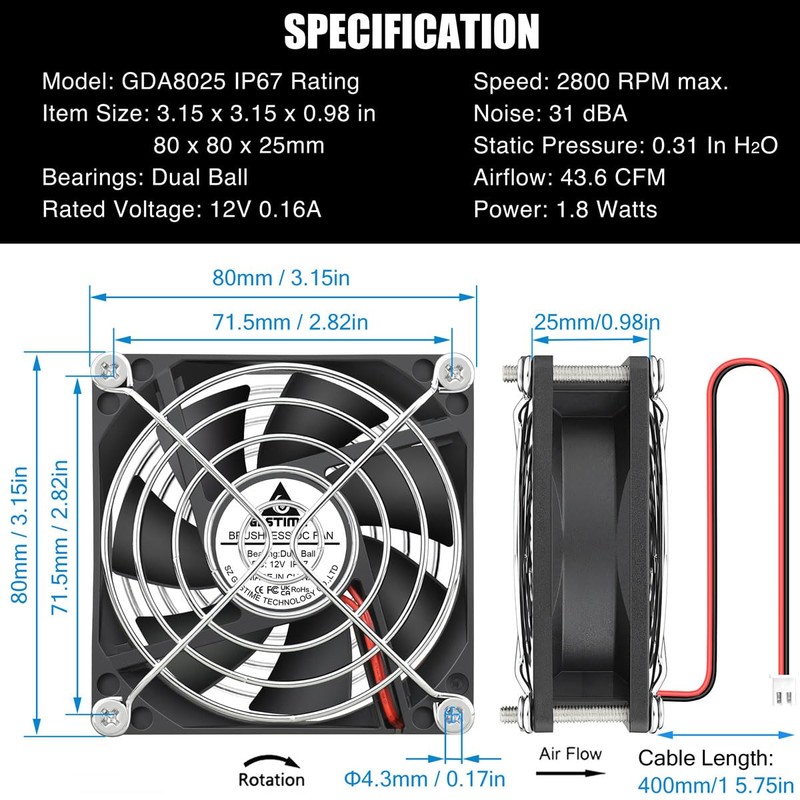 GDSTIME 80mm x 25mm 12V DC Waterproof IP67 Fan Dual