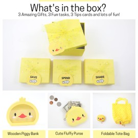 Happy Lolli Birthday Gift for Girls/Boys, 3 Individually Wrapped Gifts in 1 with 3 Tasks to Teach Kids Responsible Money Management and Giving with Duck Piggy Bank, Purse & a Tote Bag- Ready to Gift