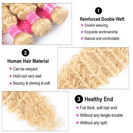 613 Blonde Deep Wave Human Hair Bundles With 4X4 Lace Closure Free Part (10 12 14+10) Inch Human hair 3 Bundles with Closure 100% Unprocessed Wet and Wavy Blonde Deep Wave Human Hair Extensions